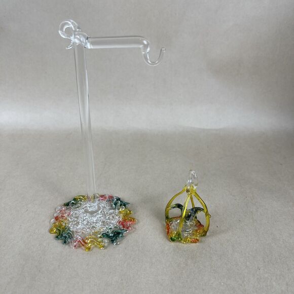 Vintage Mini Spun Blown Glass Bird In Cage Overhang w/Stand 6” Art Decor Display - Picture 4 of 12